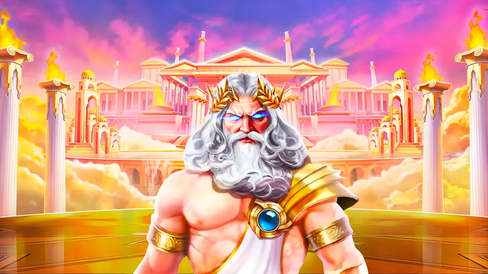 Greek god with glowing blue eyes in front of a golden temple among the clouds.